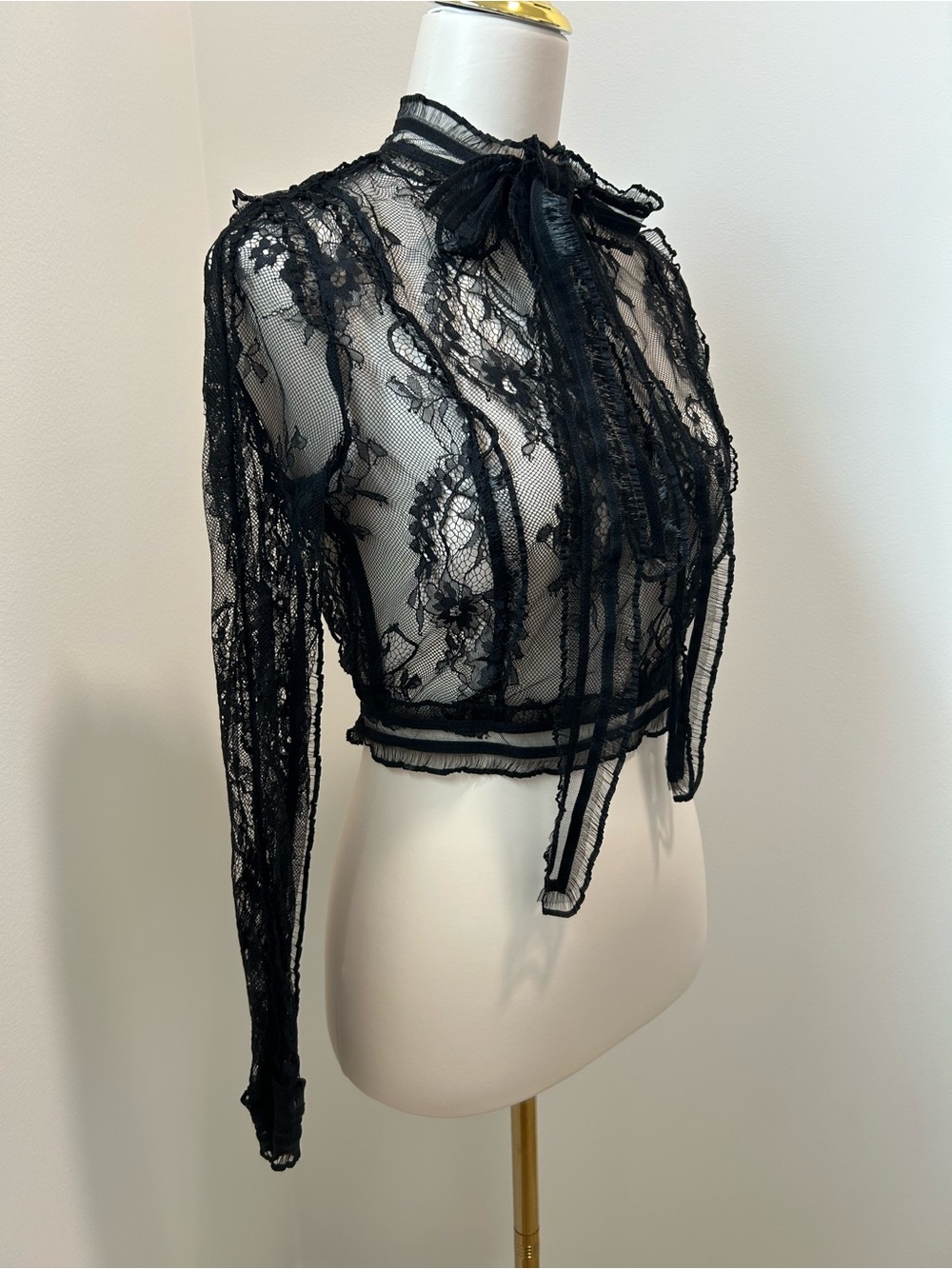 Beulah Black Sheer Lace Tie-Neck Blouse - Picture 2 of 12